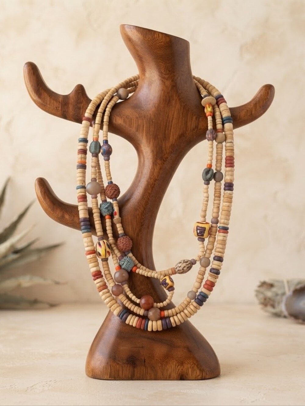 ​Boho 3-Strand Wooden Bead Statement Necklace Earthy Ethnic 24"